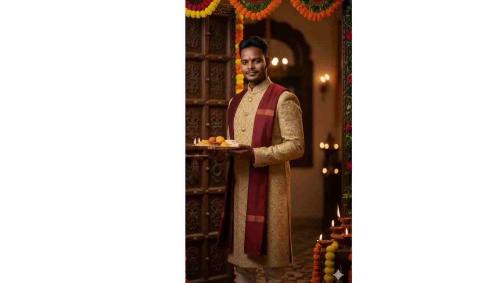 An elegant Indian man, face exactly like reference photo, wearing a golden sherwani with maroon stole. He is standing near a grand doorway decorated with flowers, diyas glowing around. Holding a silver plate with sweets. Ultra detailed 8K cinematic portrait, regal and festive